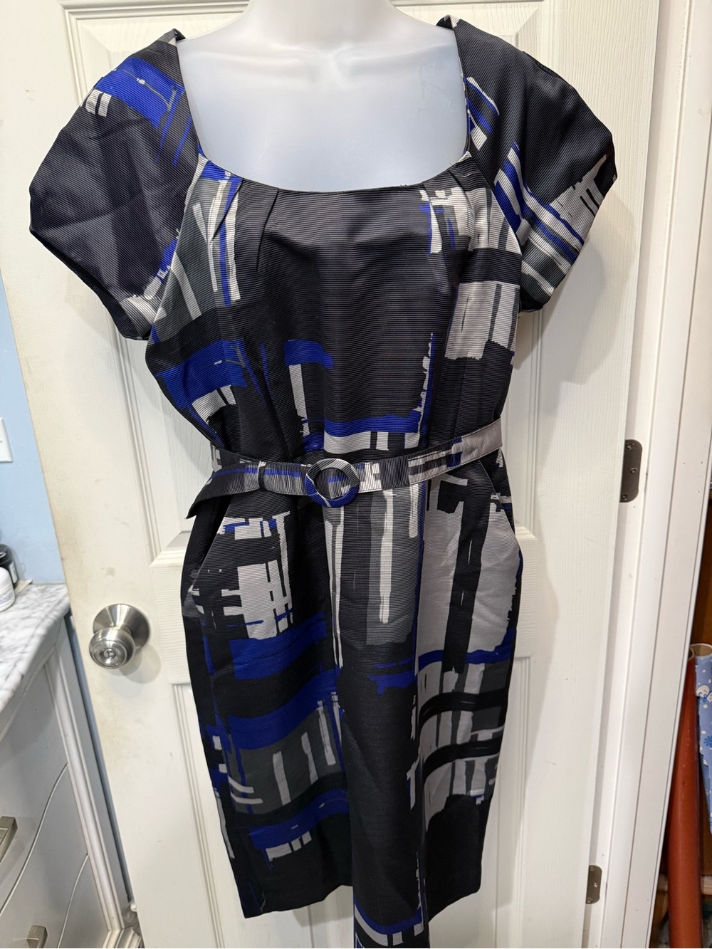 Apostrophe Black Dress with Blue and Gray Abstract Print